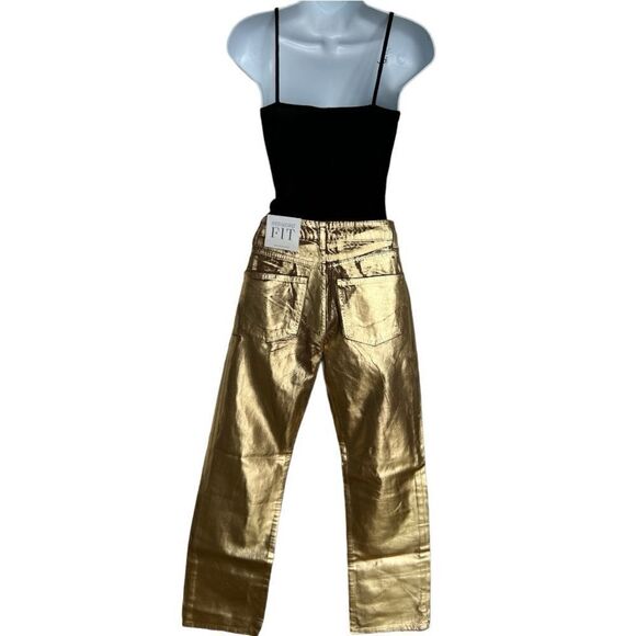 STRADIVARIUS Straight Fit Pants Jeans Coated In Gold Color Cotton Size 2. - Picture 3 of 8